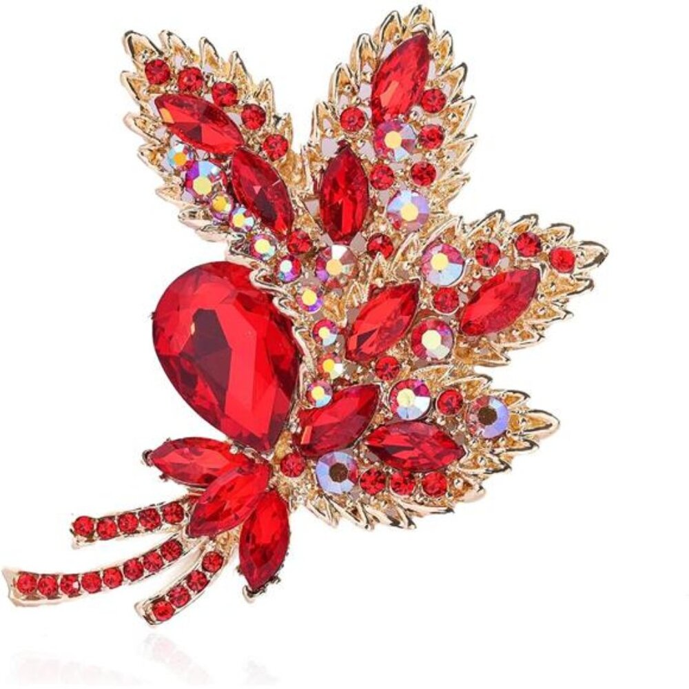 Big Large Brooch Pin Austrian Crystal Leaf Shape Bouquet Rhinestone